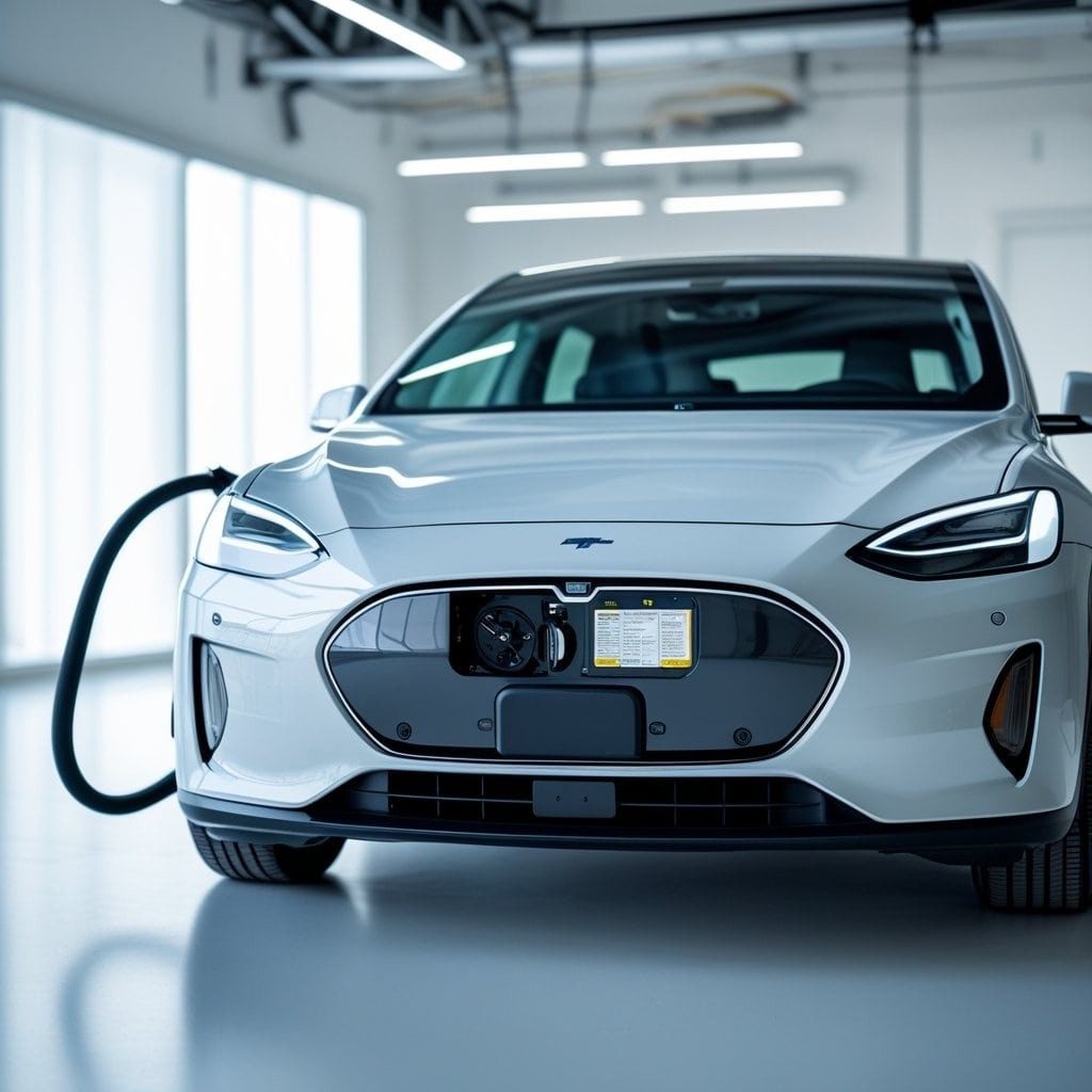 An electric vehicle charging inside of a garage.