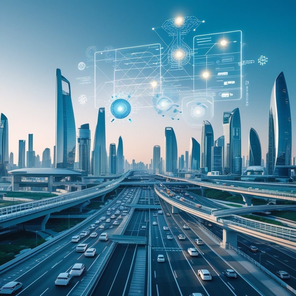 A futuristic city with a digital panel at the forefront.