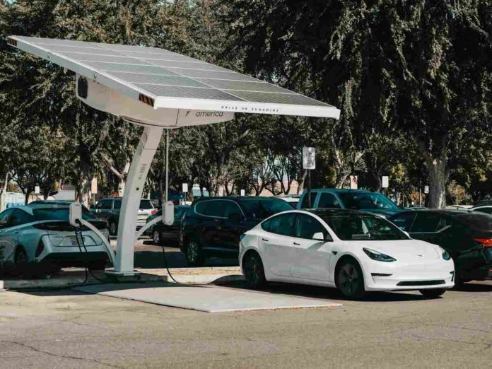 A solar-powered charging station for electric vehicles.