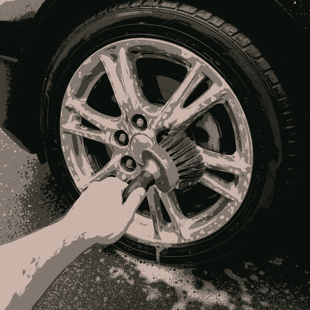 A mechanic scrubbing the hub cap of a wheel with a brush.
