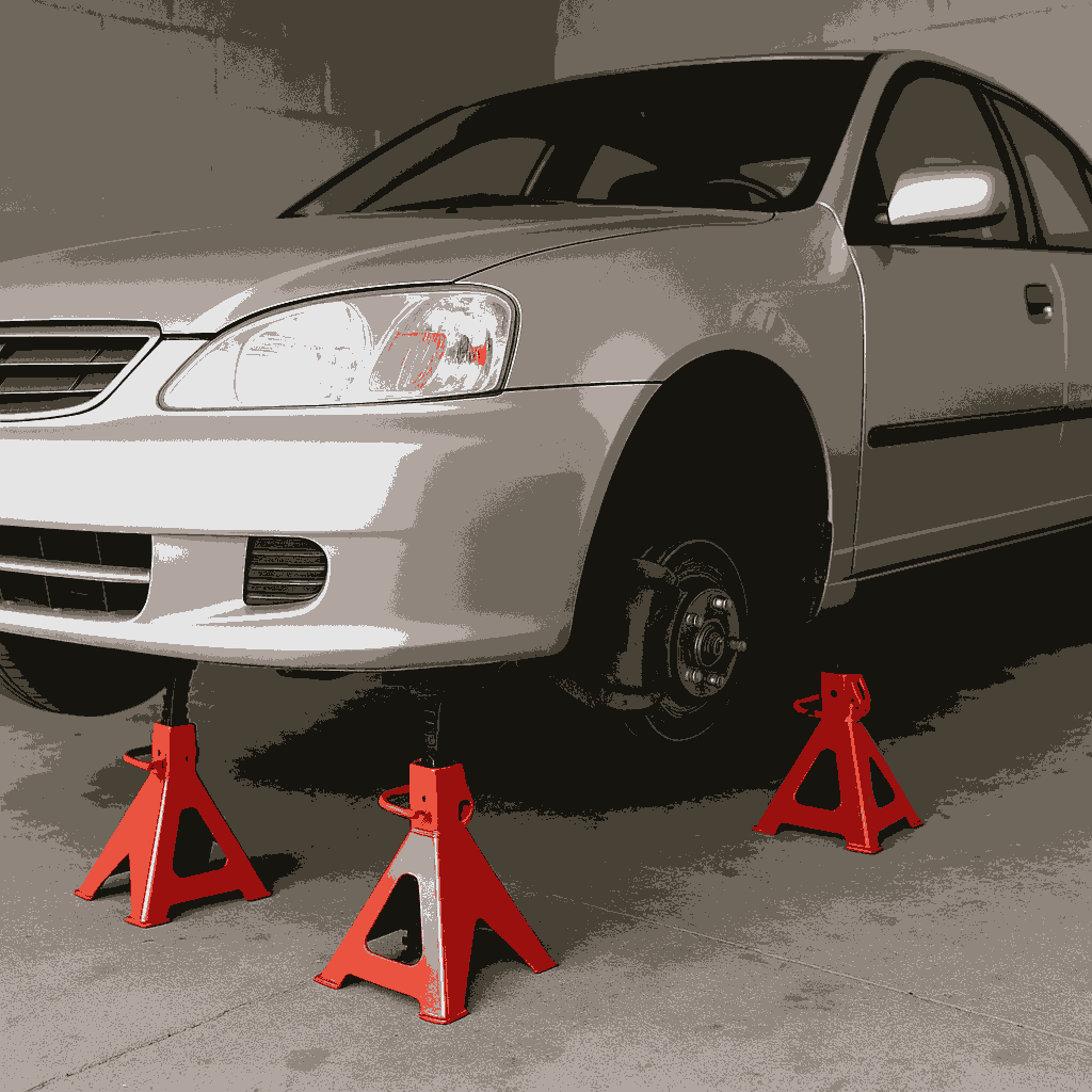 A car resting on jack stands in a garage.